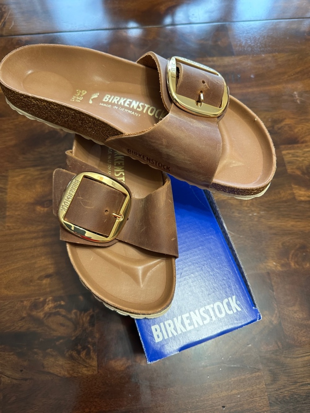 Birkenstock Brown Leather Slide Sandals with Gold Buckles